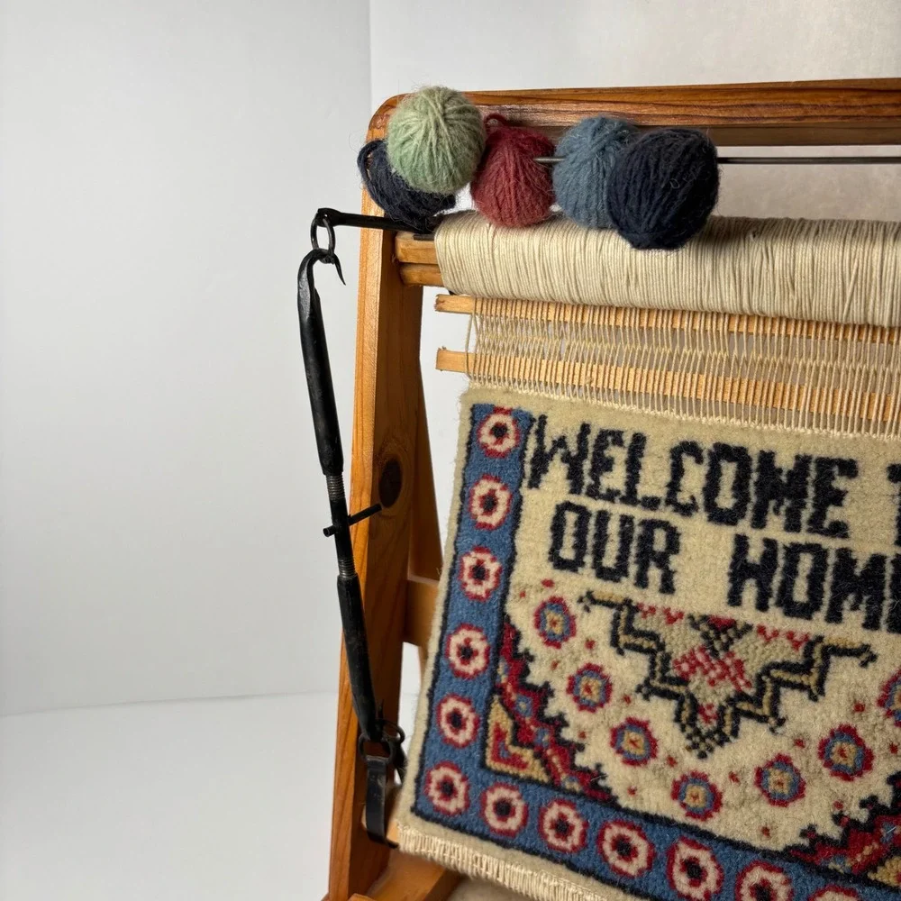 Miniature Welcome to Our Home‎ Tapestry Rug on Wooden Loom Display